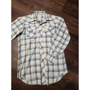 Vintage H Bar C Shirt‎ Mens 16 37 Tall Blue  Plaid Western Pearl Snap 70s